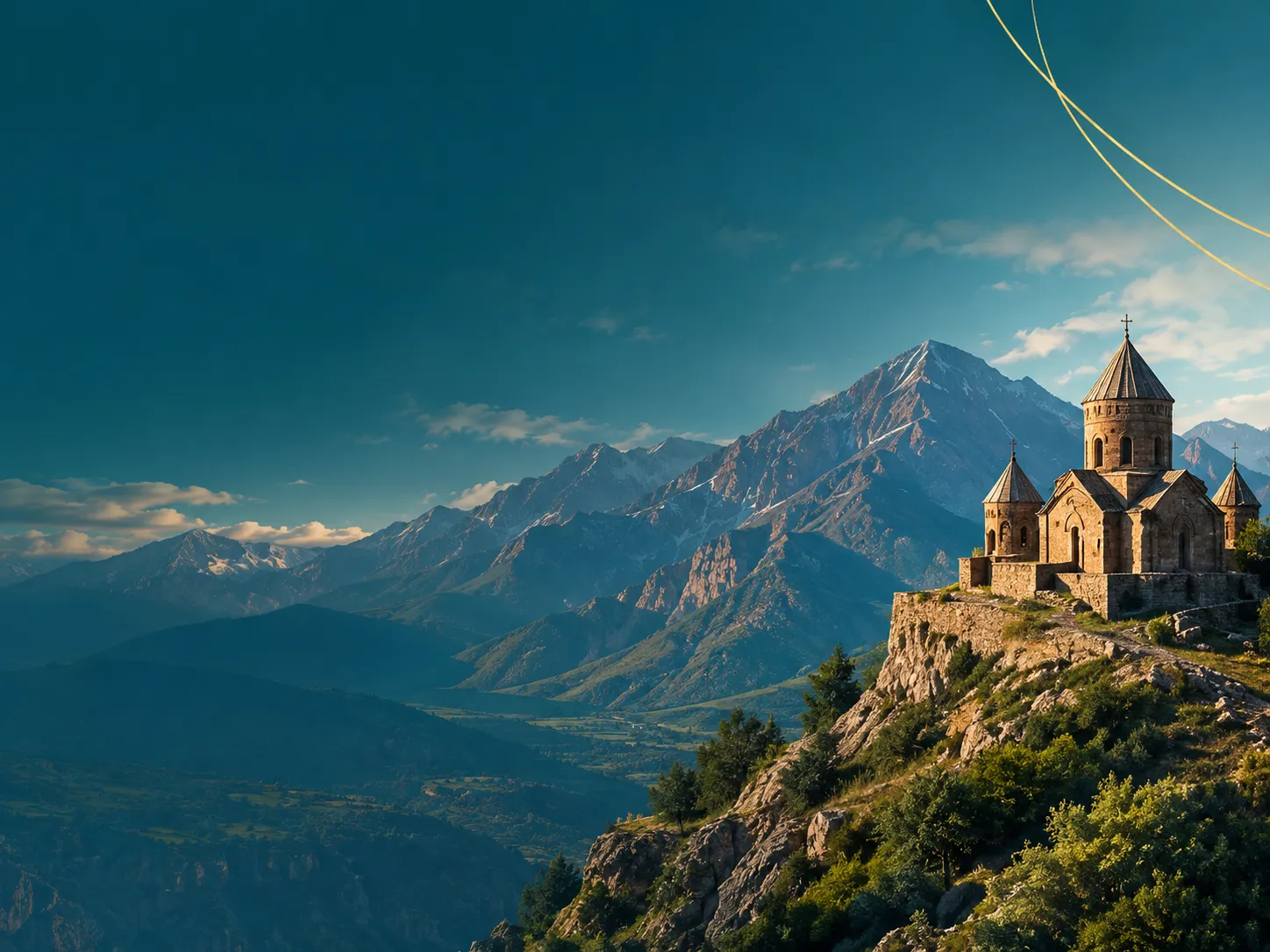 Sunlit monastery on a ridge above misty Armenian mountains
